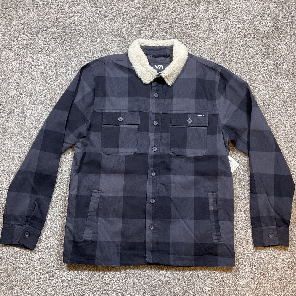 RVCA Mens Black Plaid Range Jacket Shacket Sherpa Collar Lined Size Small NWT
